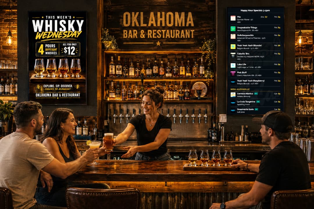 A bar and restaurant with multiple BrewerBoard tap-list TVs mounted above the bar showing beer menus side by side