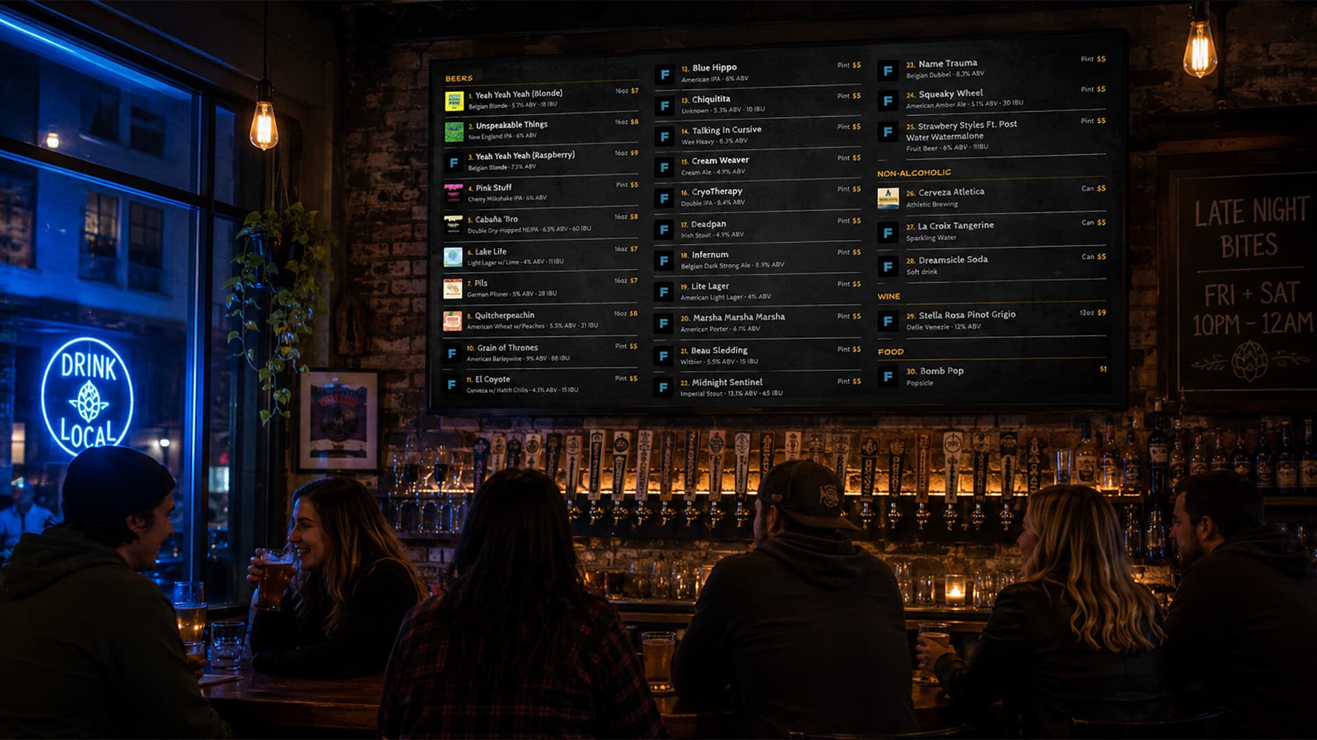 BrewerBoard TV display showing a 30-item brewery tap list with beer, non-alcoholic, wine, and food categories