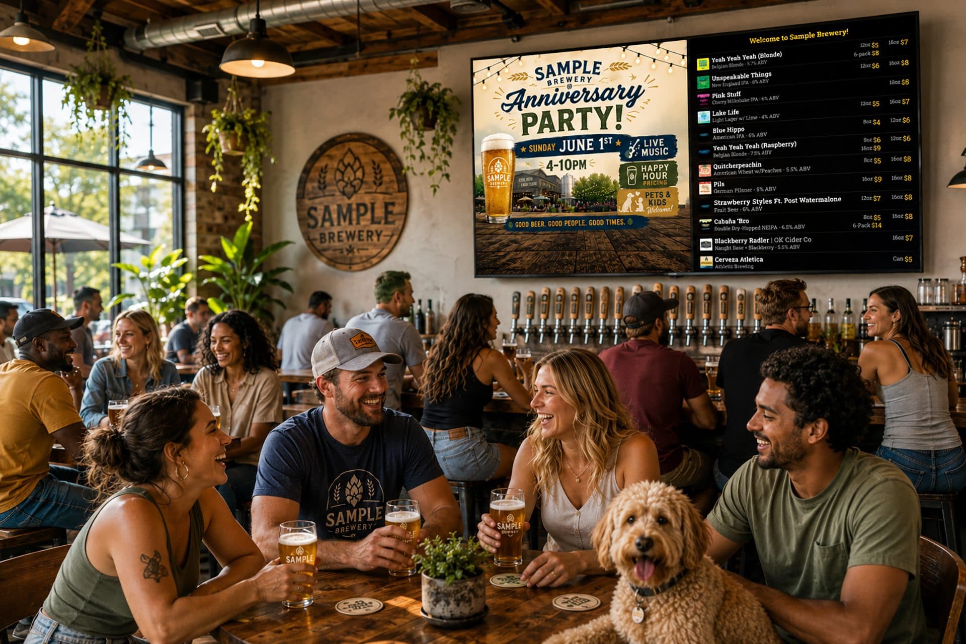 Friends and a dog enjoying craft beers at a brewery taproom with a BrewerBoard TV displaying the tap list and an Anniversary Party event promotion