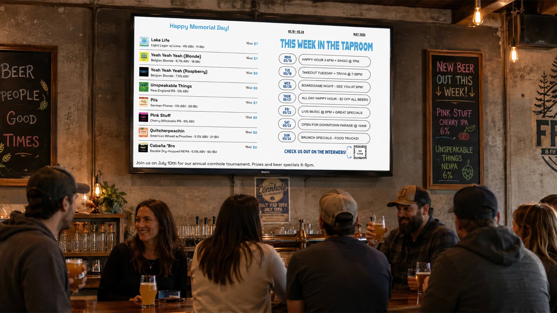 A BrewerBoard tap list and weekly schedule on a TV in a craft brewery taproom, styled to match the brewery's brand