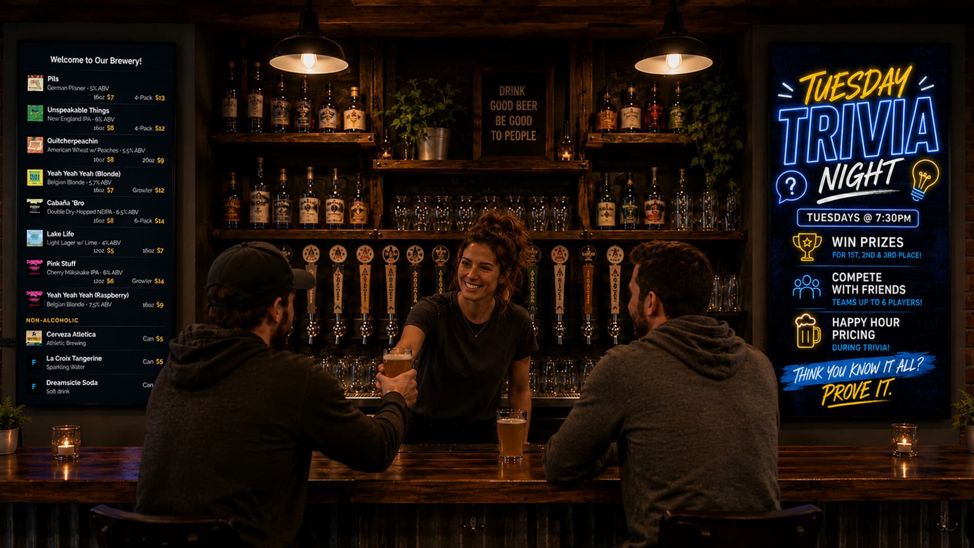 Two BrewerBoard TVs flanking a craft brewery bar showing different content side by side: a vertical tap list on the left and a Tuesday Trivia Night event promotion on the right