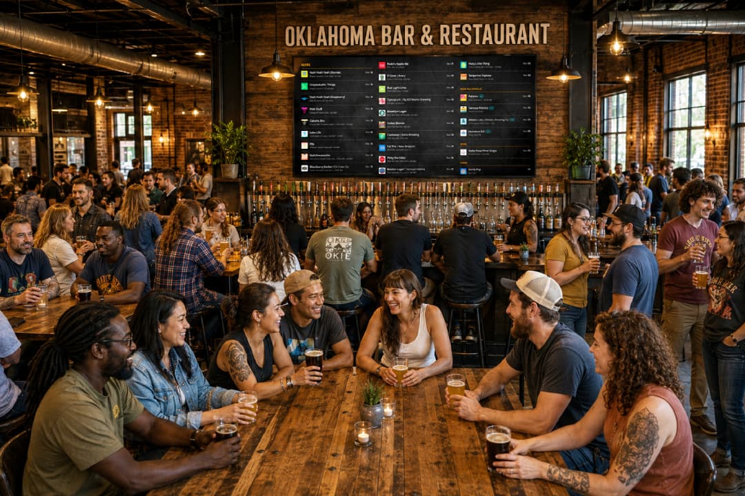 Crowded craft beer bar called Oklahoma Bar & Restaurant with a large BrewerBoard tap-list TV mounted above the bar showing beer, non-alcoholic, and food sections